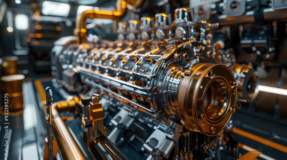 A marine engine installed in a boat, with its robust and corrosion-resistant parts, illustrating the specialized design for maritime use. A marine engine installed in a boat, with its robust and corrosion-resistant parts, illustrating the specialized design for maritime use.
