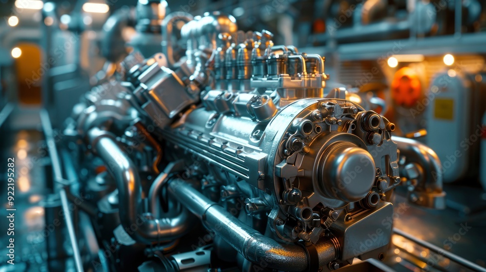 A marine engine installed in a boat, with its robust and corrosion-resistant parts, illustrating the specialized design for maritime use. A marine engine installed in a boat, with its robust and corrosion-resistant parts, illustrating the specialized design for maritime use.