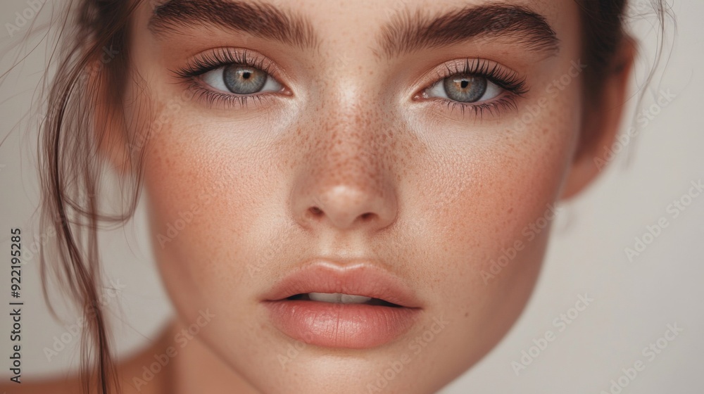 A detailed shot of a young woman face with light makeup, highlighting her clear skin and the delicate features of her eyes and lips against a neutral background. A detailed shot of a young woman face with light makeup, highlighting her clear skin and the delicate features of her eyes and lips against a neutral background.