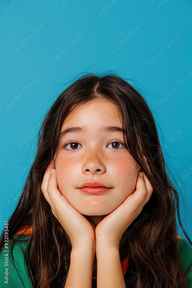 An Asian Teenager'S Portrait, Isolated Against A Blue Studio Background An Asian Teenager'S Portrait, Isolated Against A Blue Studio Background