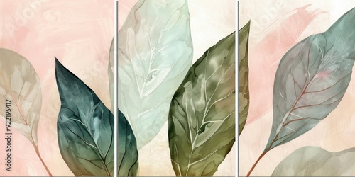 Wallpaper Mural Set of 3 wall art panels with abstract leaf prints in cool mint, dark olive, and crisp white, on dusky rose background, painting, close up, split into three on white background  Torontodigital.ca