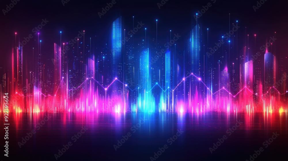 Abstract blue purple neon growing financial graph chart background Abstract blue purple neon growing financial graph chart background