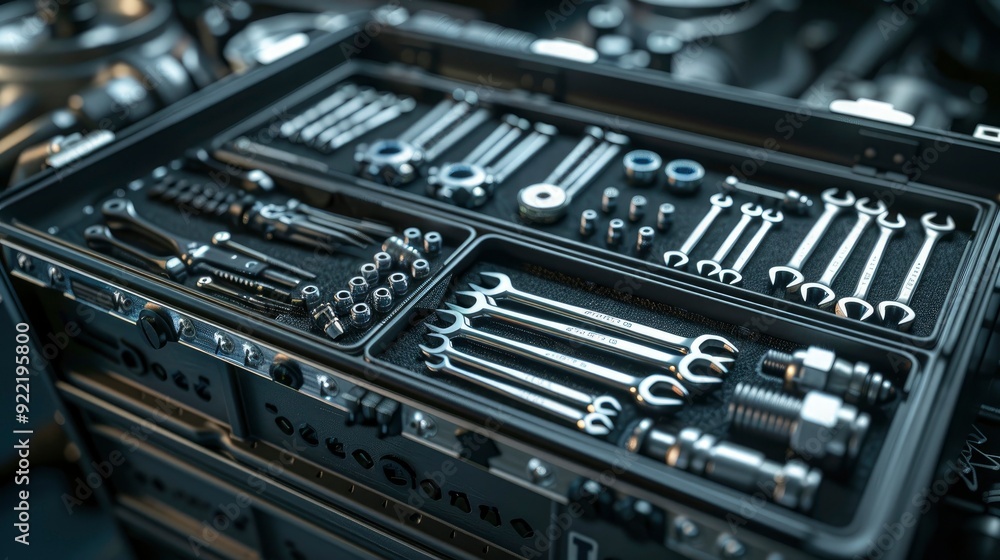 A mechanic's toolbox open next to an engine, with various wrenches, sockets, and screwdrivers neatly arranged, ready for use. A mechanic's toolbox open next to an engine, with various wrenches, sockets, and screwdrivers neatly arranged, ready for use.