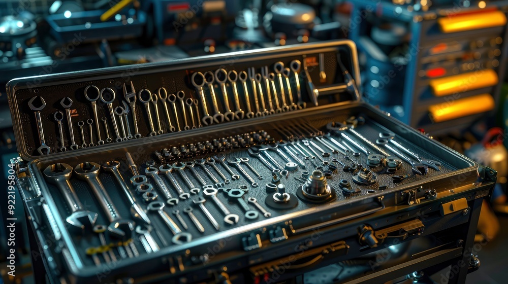 A mechanic's toolbox open next to an engine, with various wrenches, sockets, and screwdrivers neatly arranged, ready for use. A mechanic's toolbox open next to an engine, with various wrenches, sockets, and screwdrivers neatly arranged, ready for use.