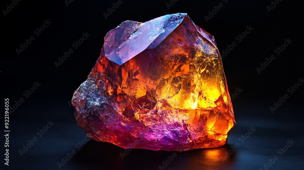 A hyper-realistic photograph of a rough, uncut gemstone, showcasing its natural beauty and internal patterns, on a black solid background A hyper-realistic photograph of a rough, uncut gemstone, showcasing its natural beauty and internal patterns, on a black solid background