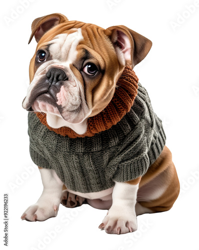 Cute English bulldog wearing wool jumper. Full body shot photo