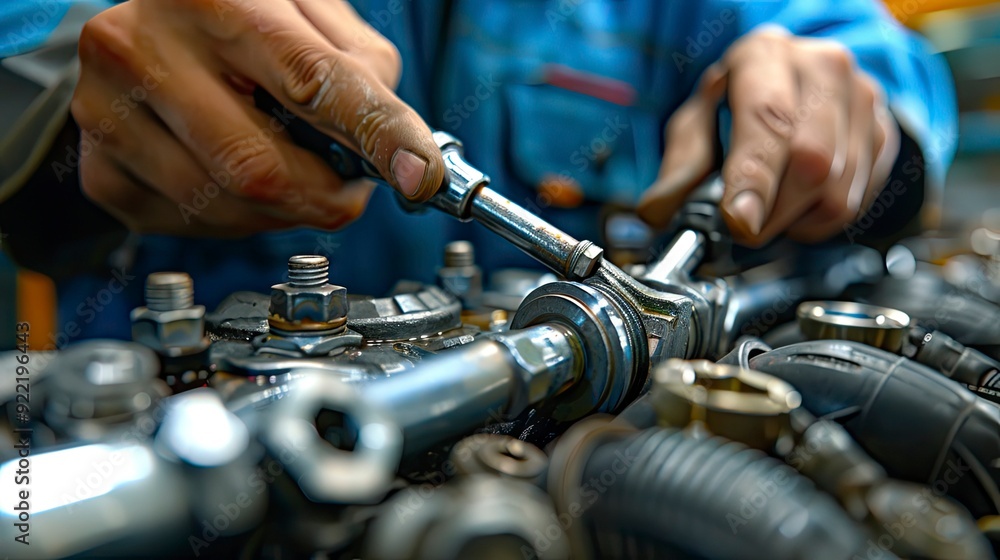 A mechanic using a torque wrench to tighten engine bolts, demonstrating the importance of accuracy and precision in engine assembly. A mechanic using a torque wrench to tighten engine bolts, demonstrating the importance of accuracy and precision in engine assembly.