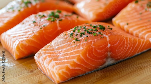 A detailed shot of raw salmon fillets on a wooden cutting board, with the rich pink color and natural marbling visible, ready for preparation or cooking.