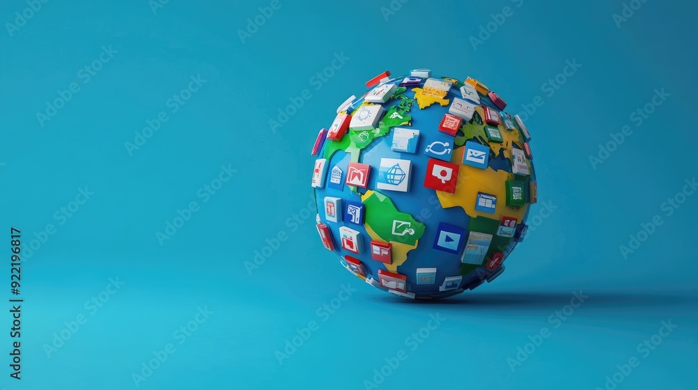 3D globe with search engine icons orbiting around it, symbolizing global internet connectivity 3D globe with search engine icons orbiting around it, symbolizing global internet connectivity