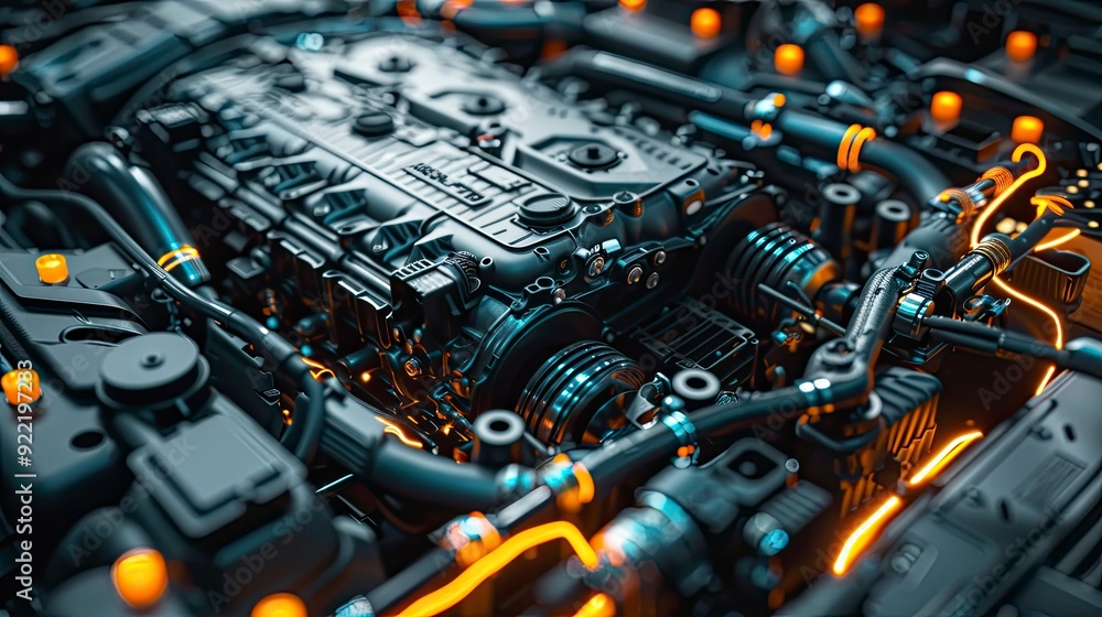 A hybrid car engine with its electric motor and battery pack, representing the integration of renewable energy and traditional power sources. A hybrid car engine with its electric motor and battery pack, representing the integration of renewable energy and traditional power sources.