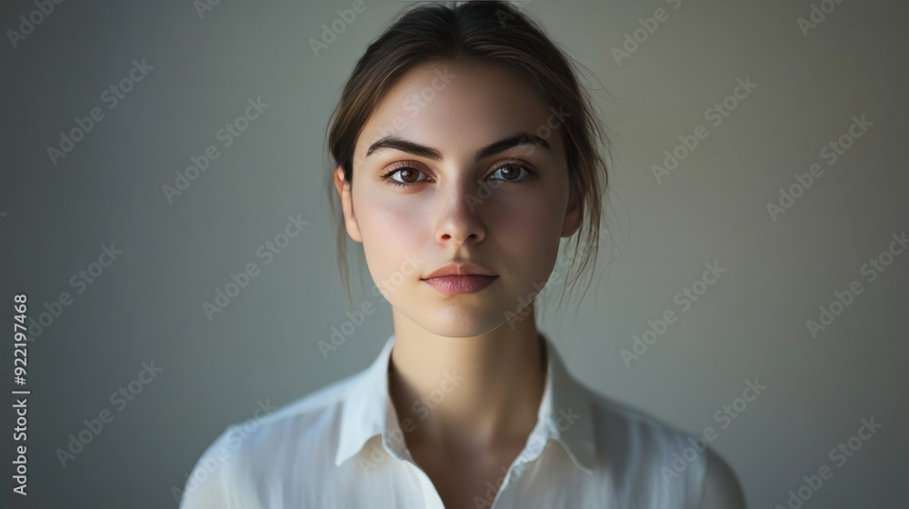 Portrait of a young woman wearing a white shirt, her eyes meeting the camera, conveying a sense of openness and poise Portrait of a young woman wearing a white shirt, her eyes meeting the camera, conveying a sense of openness and poise