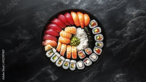 Set of sushi and maki on a rotating plate