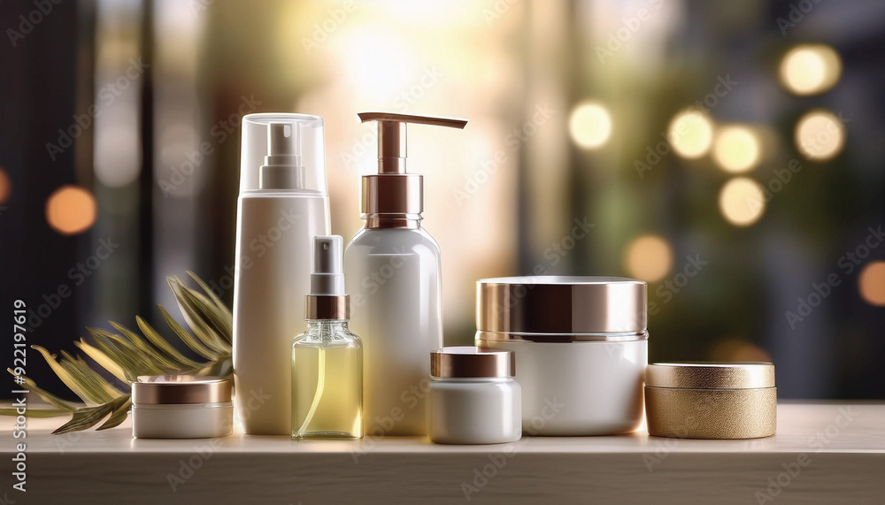 A collection of skincare products, including creams, lotions, and serums, arranged on a wooden surface with a blurred background, creating a luxurious ambiance. A collection of skincare products, including creams, lotions, and serums, arranged on a wooden surface with a blurred background, creating a luxurious ambiance.
