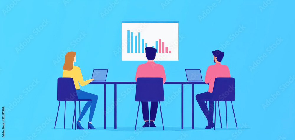 Data-driven decisions, industrial business meeting with analytics tools, flat design illustration Data-driven decisions, industrial business meeting with analytics tools, flat design illustration