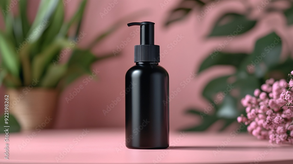 Top view of closed black cosmetic cream bottle on pink background
Top view of closed black cosmetic cream bottle on pink background