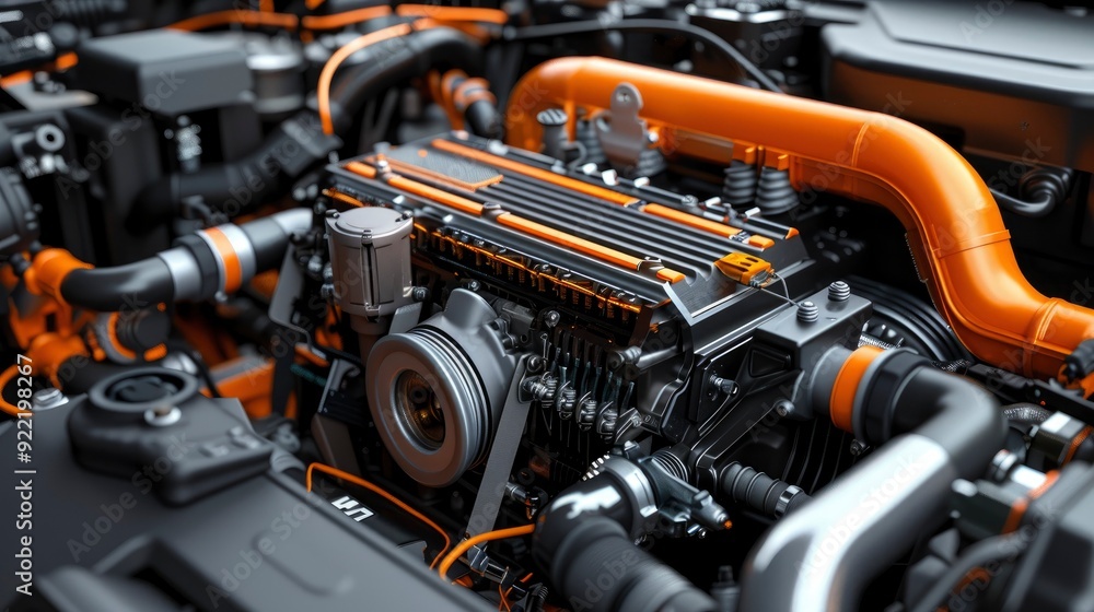 A detailed view of a turbocharged engine's intercooler and piping, showcasing the components for enhanced performance and cooling. A detailed view of a turbocharged engine's intercooler and piping, showcasing the components for enhanced performance and cooling.
