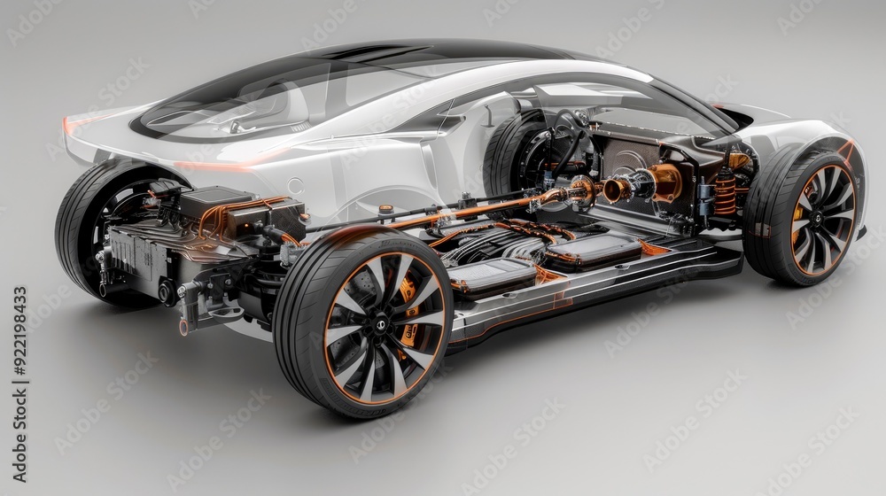 A hybrid car's powertrain with its electric motor, battery pack, and internal combustion engine, illustrating the integration of multiple power sources for efficiency. A hybrid car's powertrain with its electric motor, battery pack, and internal combustion engine, illustrating the integration of multiple power sources for efficiency.
