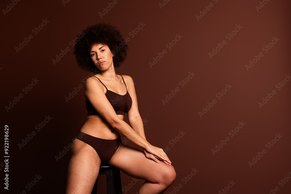 Photo of adorable shiny lady underwear lingerie enjoying self acceptance emtpy space isolated brown color background Photo of adorable shiny lady underwear lingerie enjoying self acceptance emtpy space isolated brown color background