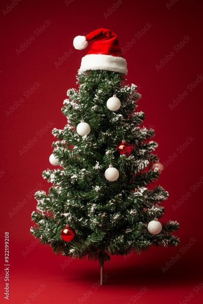 christmas tree with white an red baubles and Santa's hat on top, against red background. Season greetings concept christmas tree with white an red baubles and Santa's hat on top, against red background. Season greetings concept