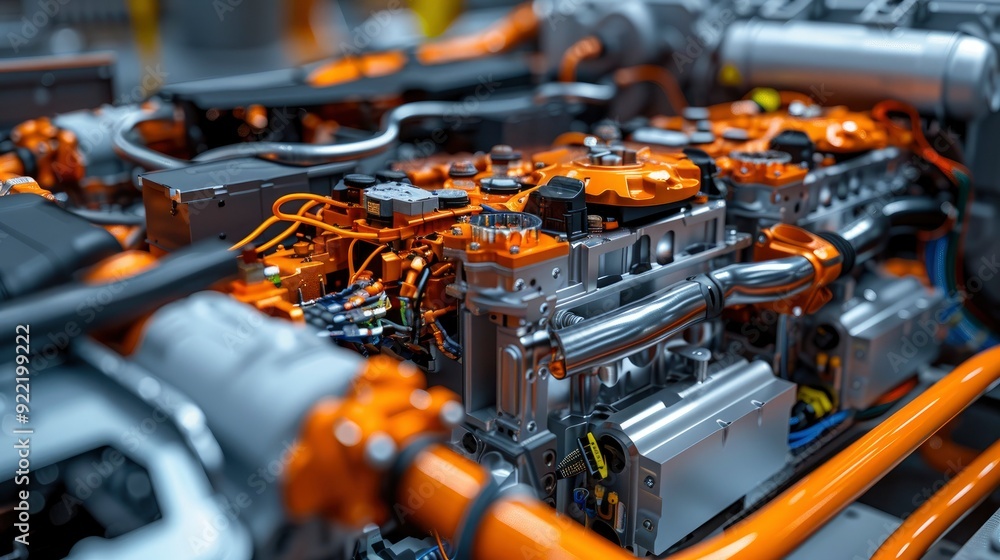 Fototapeta premium A hybrid engine's inverter and power electronics, illustrating the advanced technologies used to manage multiple power sources in modern vehicles.