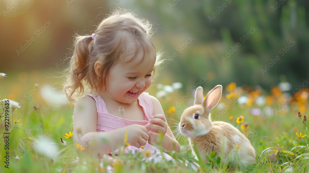 Happy little girl playing with a rabbit Happy little girl playing with a rabbit
