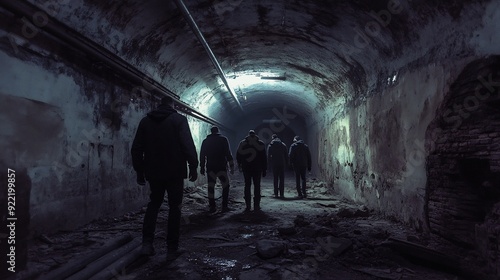 Five Figures Walking Through a Dark Tunnel