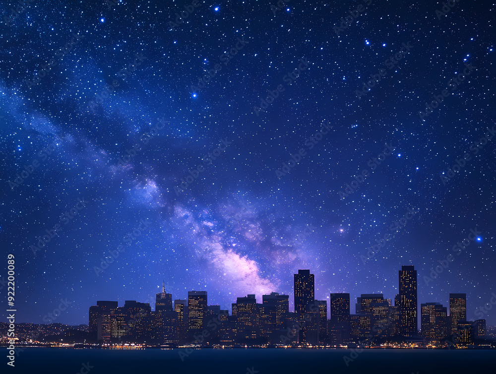 City skyline silhouette under a starry night sky with the Milky Way ...