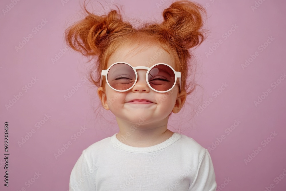 Cheerful little girl with big sunglasses smiling on pink background Cheerful little girl with big sunglasses smiling on pink background