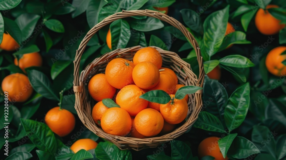 Freshly harvested citrus fruits including oranges tangerines and mandarins are carefully arranged in a rustic woven wicker basket The basket is surrounded by a vibrant lush green foliage setting Freshly harvested citrus fruits including oranges tangerines and mandarins are carefully arranged in a rustic woven wicker basket The basket is surrounded by a vibrant lush green foliage setting