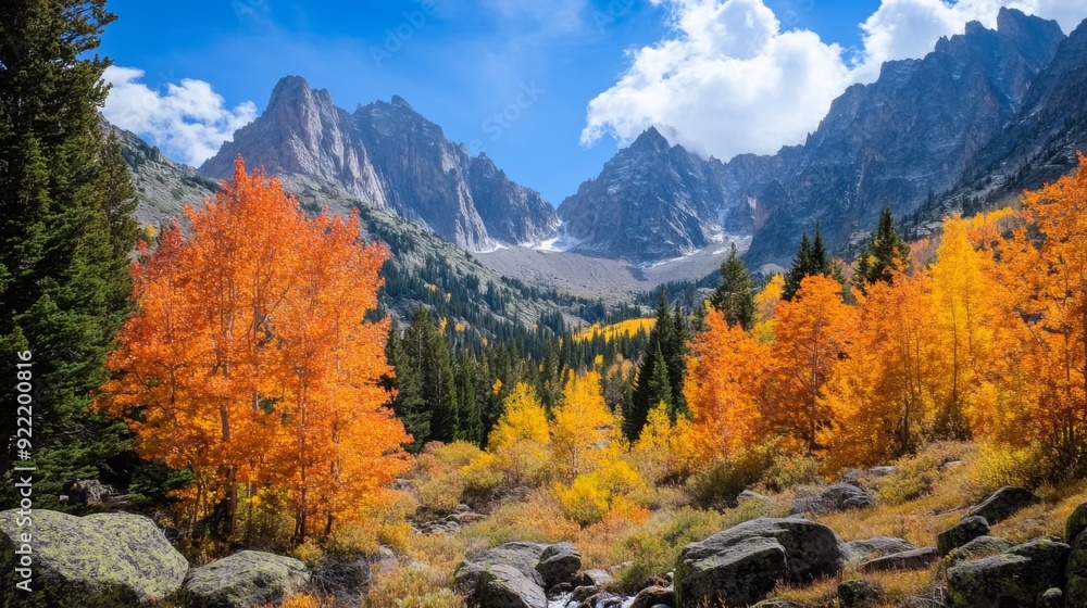 A high mountain range during autumn, with the vibrant colors of changing leaves contrasting against the rocky peaks and clear sky. A high mountain range during autumn, with the vibrant colors of changing leaves contrasting against the rocky peaks and clear sky.