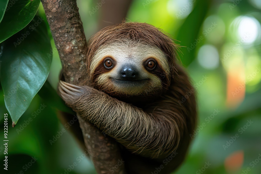 closeup portrait of twotoed sloth hanging from tree branch lush rainforest background gentle expression closeup portrait of twotoed sloth hanging from tree branch lush rainforest background gentle expression