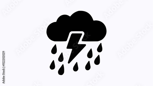 Thunderstorm Weather minimalistic black and white icon on a white . A dark cloud with a bold lightning bolt cutting through it, and a few long raindrops falling underneath.