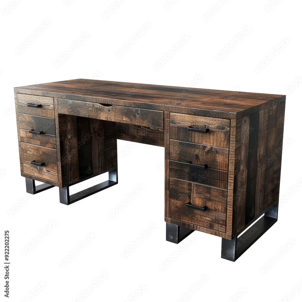 Modern Industrial Desk with Dark Wood Surface and Black Metal Legs Isolated without Background Modern Industrial Desk with Dark Wood Surface and Black Metal Legs Isolated without Background