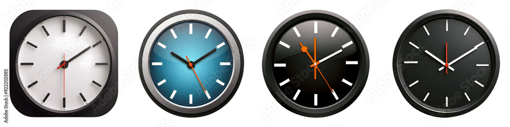 A set of 3D clock icons in different colors and shapes, with a white background (no background). A set of 3D clock icons in different colors and shapes, with a white background (no background).