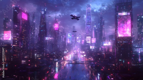 Futuristic cityscape, neon purple and electric blue lights, flying vehicles, towering skyscrapers, holographic billboards, cyberpunk aesthetic, night scene, reflective surfaces.