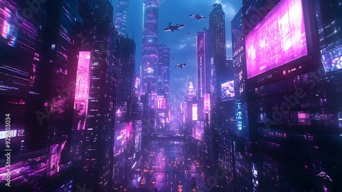 Futuristic cityscape, neon purple and electric blue lights, flying vehicles, towering skyscrapers, holographic billboards, cyberpunk aesthetic, night scene, reflective surfaces.