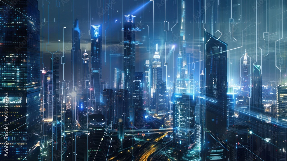 Futuristic Cityscape with Digital Network Futuristic Cityscape with Digital Network