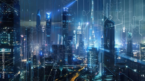 Wallpaper Mural Futuristic Cityscape with Digital Network Torontodigital.ca