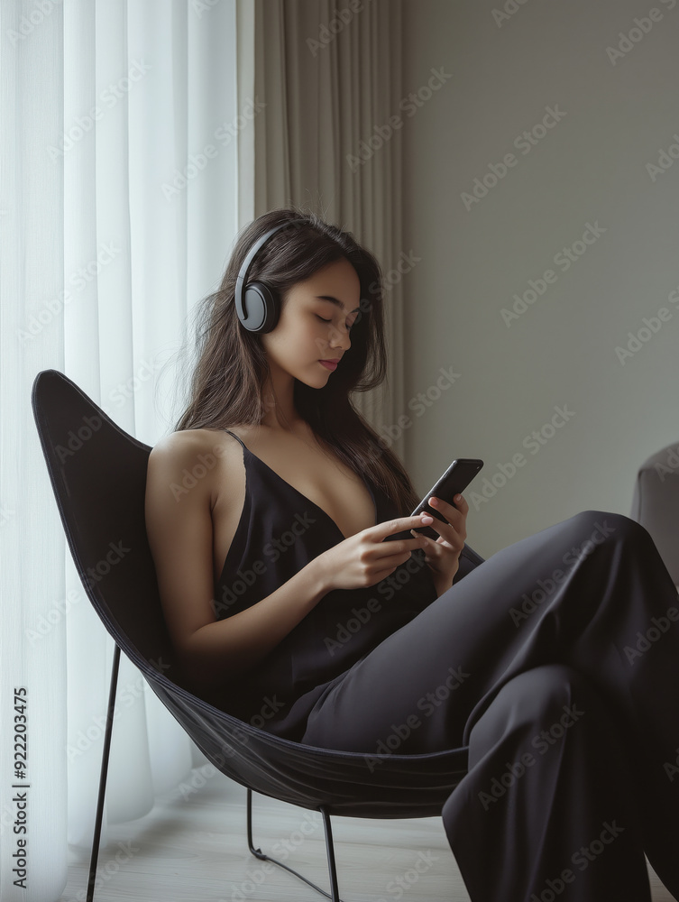 Serene Woman with Mobile Phone and Headphones in Stylish Minimalist Living Room Serene Woman with Mobile Phone and Headphones in Stylish Minimalist Living Room