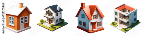 Set of 3d icons of houses in different colors and shapes, with white background (no background).