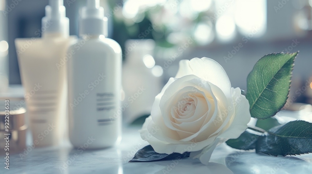 White rose next to a set of hair care products, reflecting the essence of natural beauty and elegance, ideal for a beauty salon White rose next to a set of hair care products, reflecting the essence of natural beauty and elegance, ideal for a beauty salon