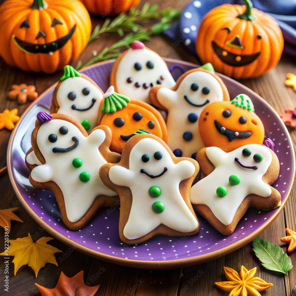 Decorated Ghost and Pumpkin Halloween Cookies on Festive Plate, Colorful and Fun Autumn Treats Decorated Ghost and Pumpkin Halloween Cookies on Festive Plate, Colorful and Fun Autumn Treats