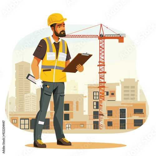 Safety officer in a hard hat, inspecting urban construction area.
