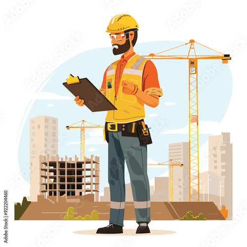 Safety officer in a hard hat, inspecting urban construction area.
