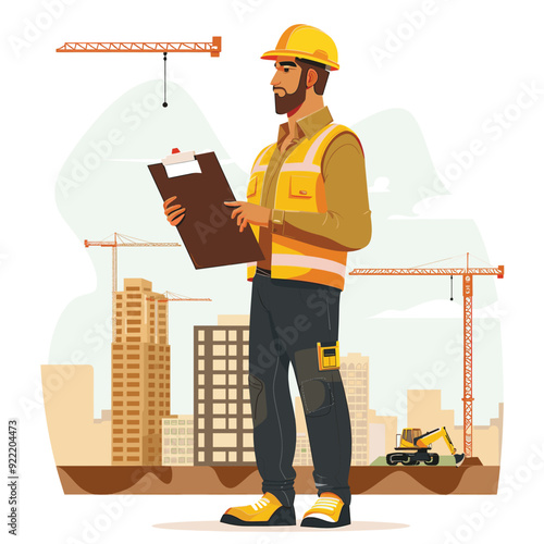 Safety officer in a hard hat, inspecting urban construction area.

