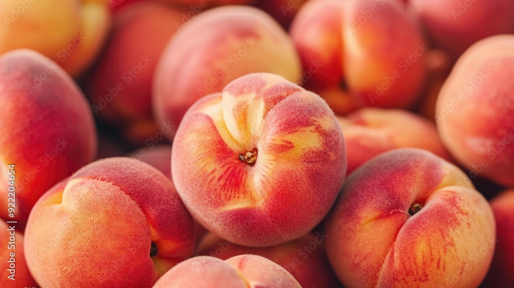 Closeup of an abundance of ripe juicy peaches freshly harvested from a summer orchard with a deep depth of field creating a soft blurred background to highlight the delicious natural produce Closeup of an abundance of ripe juicy peaches freshly harvested from a summer orchard with a deep depth of field creating a soft blurred background to highlight the delicious natural produce