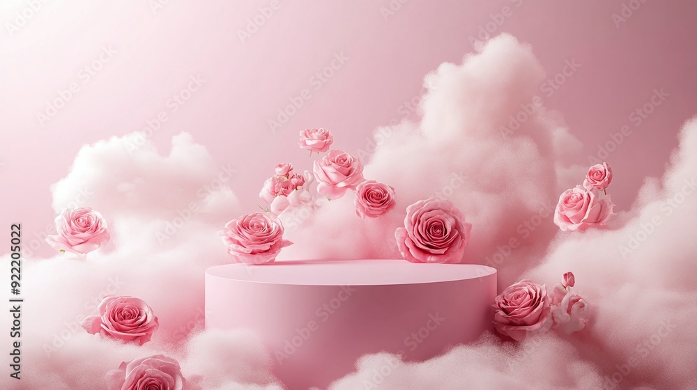 Podium with a background of pink roses, ideal for product display in a 3D spring setting, featuring beauty stands, nature elements, and a white backdrop. Perfect for cosmetic, Valentine’s Day, Easter, Podium with a background of pink roses, ideal for product display in a 3D spring setting, featuring beauty stands, nature elements, and a white backdrop. Perfect for cosmetic, Valentine’s Day, Easter,