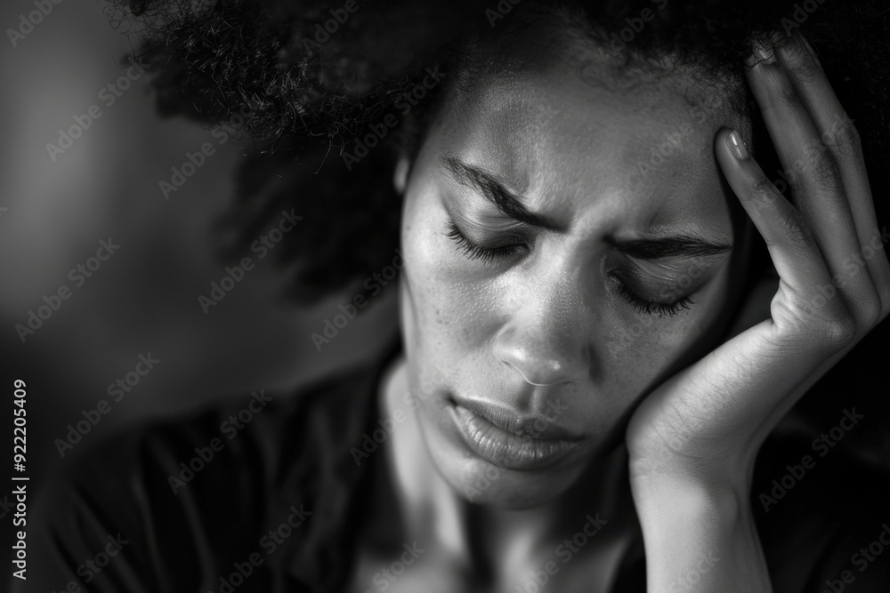 A woman expressing headache while resting her head on her hand in black and white A woman expressing headache while resting her head on her hand in black and white