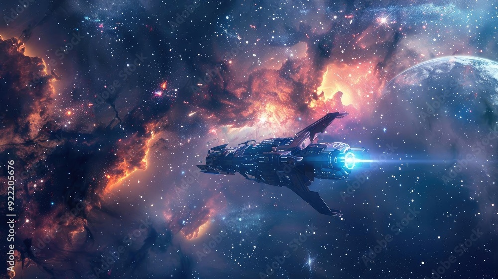 A futuristic spaceship travels through vibrant cosmic scenery filled with stars and colorful nebulae, exploring the vast universe. A futuristic spaceship travels through vibrant cosmic scenery filled with stars and colorful nebulae, exploring the vast universe.