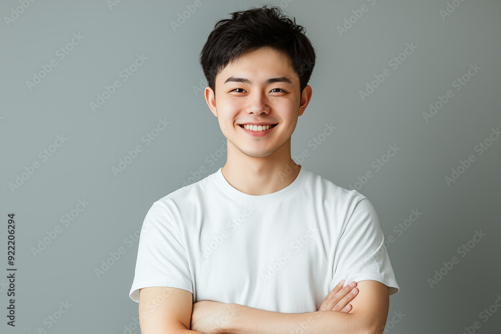 smiling asian man in white t-shirt with arms crossed against gray background smiling asian man in white t-shirt with arms crossed against gray background